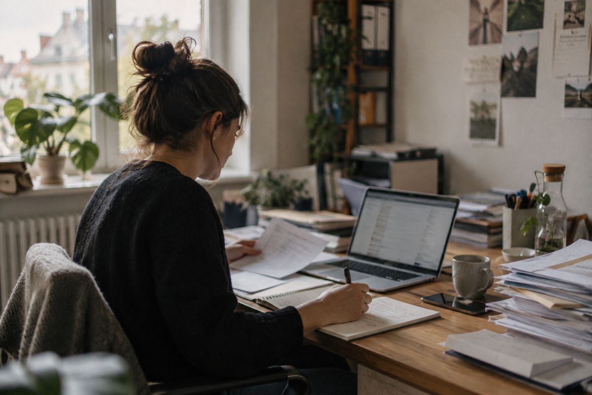 Eine Frau sitzt am Schreibtisch vor einem Laptop und macht sich Notizen, neben ihr stapeln sich Unterlagen und Papiere