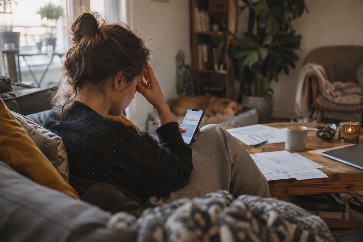 Eine Frau sitzt auf dem Sofa, stützt die Stirn in die Hand und schaut auf ihr Smartphone, auf dem Couchtisch liegen Formulare und eine Tasse