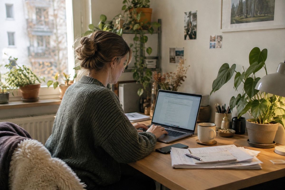 Eine Frau arbeitet an einem Holzschreibtisch am Fenster am Laptop, daneben liegen Unterlagen, ein Smartphone und eine Tasse, im Raum stehen Zimmerpflanzen